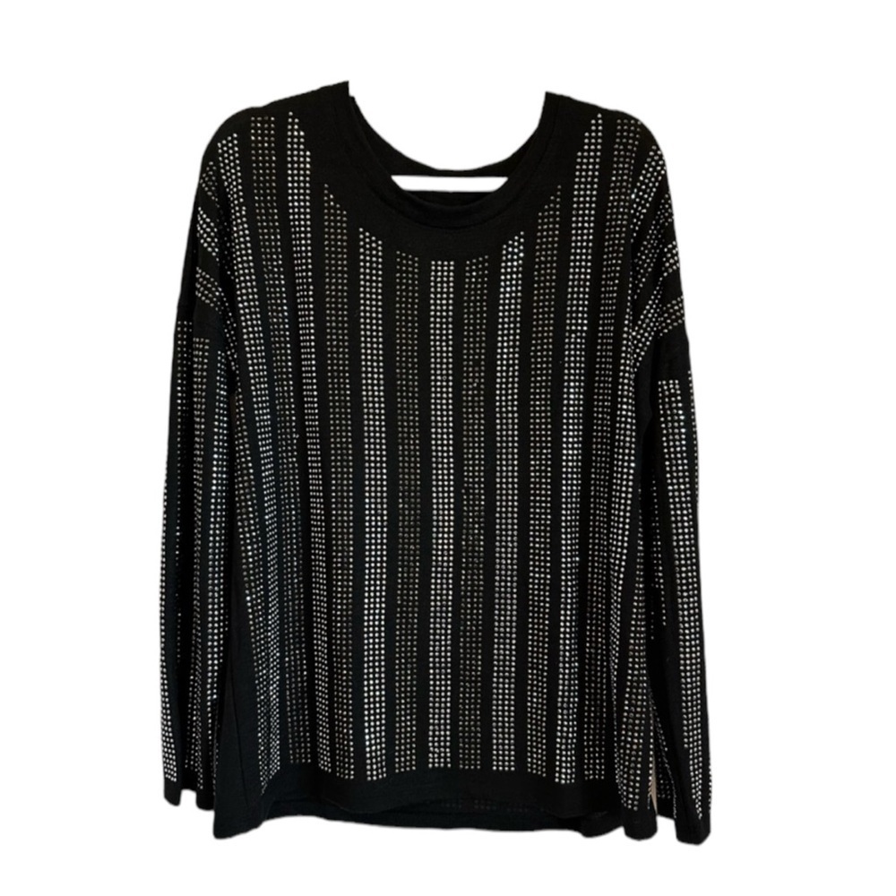 Embellished beaded sparkly silver black long sleeve dressy top, size XL